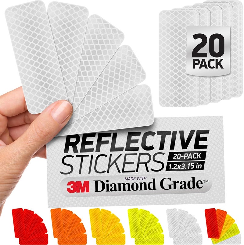 Byllstore لاصقات شريط السلامة العاكسة | 3M درجة الماس | أبيض | 1.2″ × 3.15″ | عبوة 20 | شريط تحذير السلامة للخوذ، السيارات، صناديق البريد والمزيد - Image 1